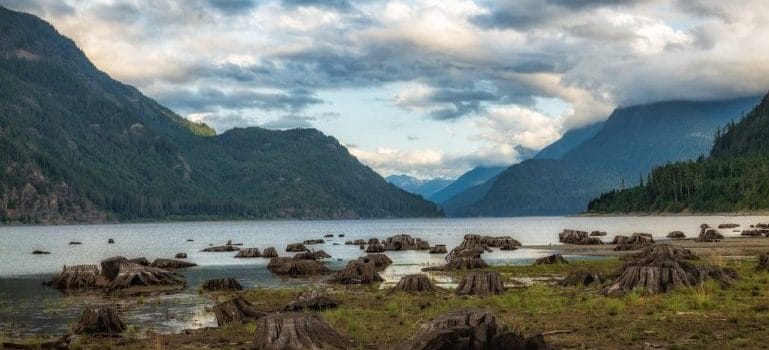 a lake near a mountain