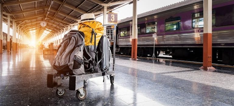Several Bags on Trolley Near Train in Station