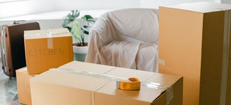 Empty apartment with packed carton boxes before moving